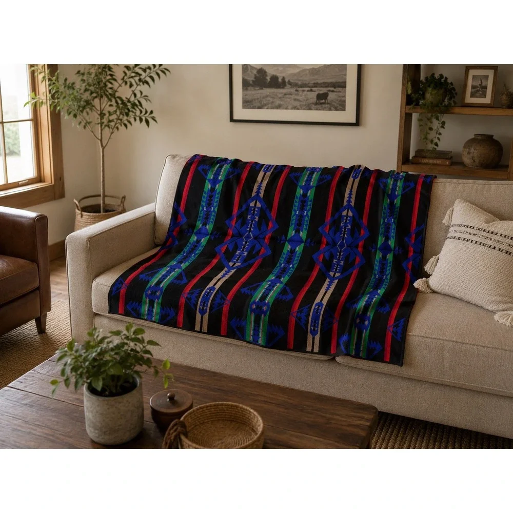 Pendleton Beaver State Wool Blanket Robe Shawl Blue Black Large Good Geometric